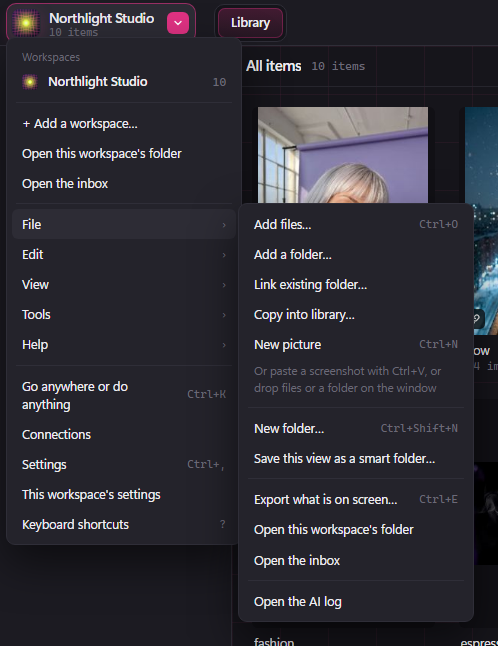 The menu under the workspace name, with File open, showing Add files, Add a folder, Link existing folder and Copy into library