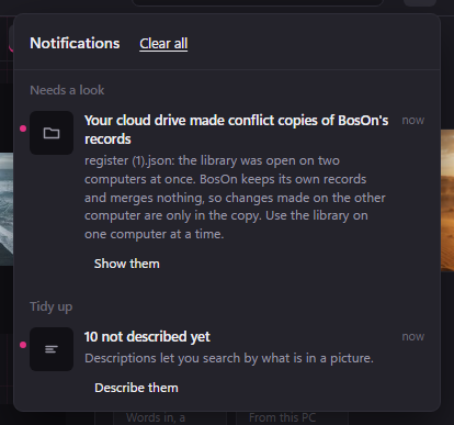 BosOn's notifications, with the notice: Your cloud drive made conflict copies of BosOn's records, naming register (1).json, and a Show them button