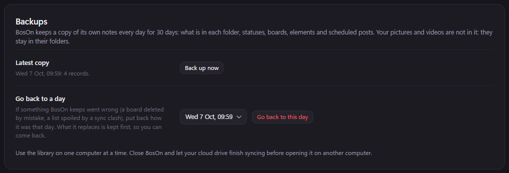 Settings, Backups: when the latest copy was saved, a button to save one now, and a list of days with a Go back to this day button