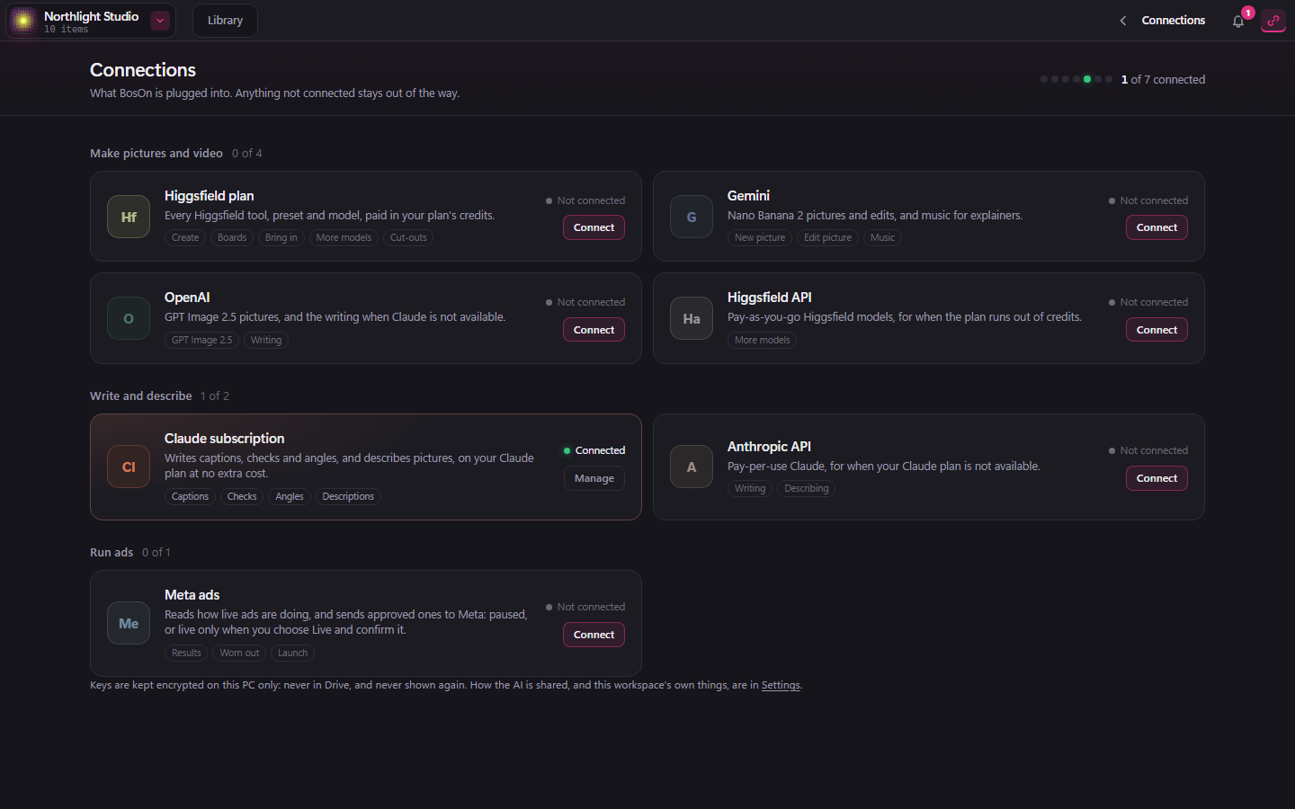 The Connections page, listing Higgsfield plan, Gemini, OpenAI, Higgsfield API, Claude subscription, Anthropic API and Meta ads, each with a Connect button