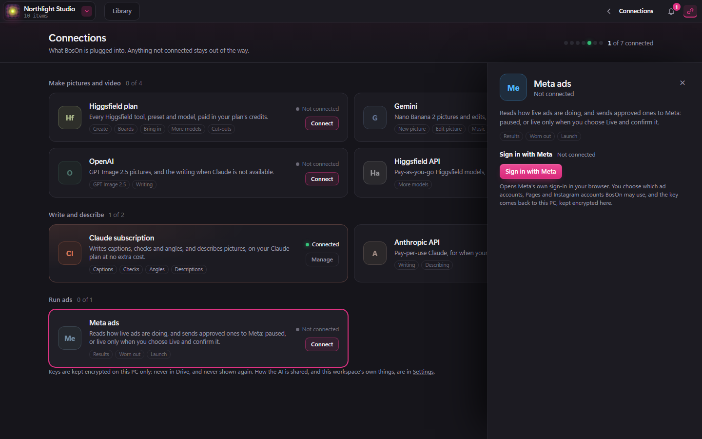 The Meta ads panel in Connections, with a Sign in with Meta button