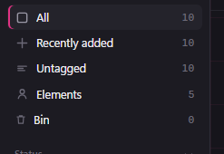 The sidebar, with Elements under All, Recently added and Untagged, showing 5