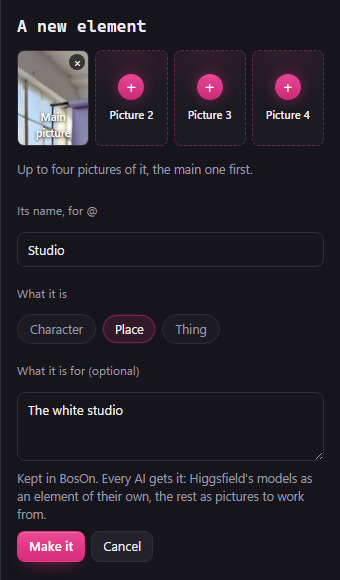 A new element: a main picture and three empty places for more, the name Studio, Place chosen, what it is for, and a Make it button