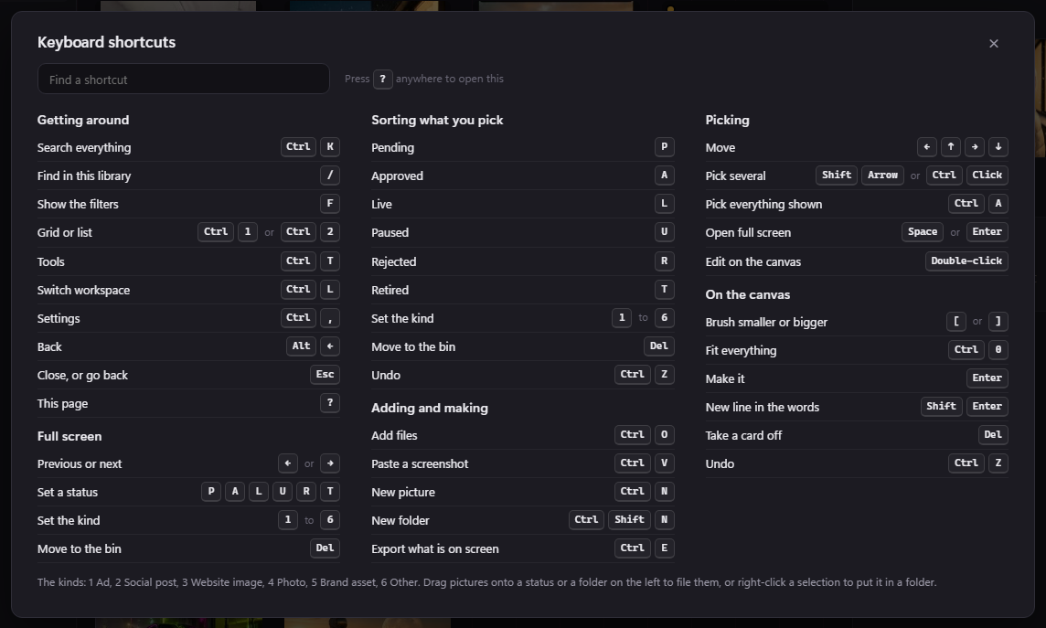 The Keyboard shortcuts page in BosOn: a Find a shortcut box, and six groups of shortcuts in three columns