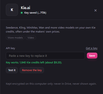 BosOn's Kie.ai panel in Connections after Test it: the key works, with the Kie credits left shown in credits and dollars