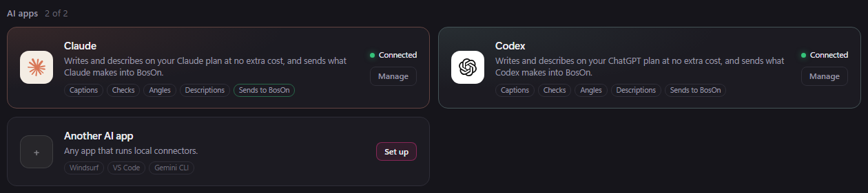 The AI apps group in Connections, each with its logo: Claude and Codex, both connected with Manage buttons, Claude with a lit Sends to BosOn label, and Another AI app with a Set up button