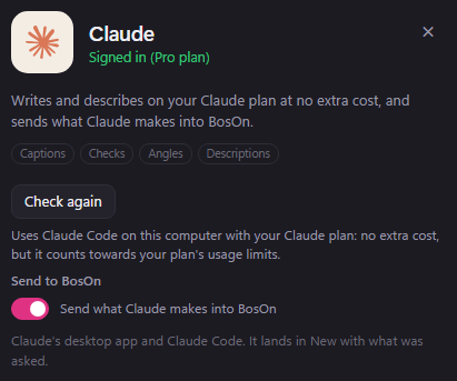 Claude's panel in Connections: signed in, a Check again button, and under Send to BosOn, the switch Send what Claude makes into BosOn, turned on