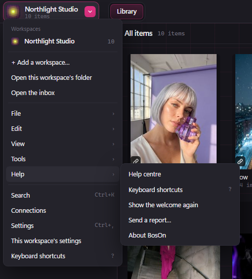 The menu under the workspace name, with Help open, showing Help centre, Quick keys, Show the welcome again, Send a report and About BosOn