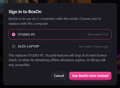The Sign in to BosOn box listing two computers, STUDIO-PC and ALEX-LAPTOP, with STUDIO-PC chosen, the words This replaces STUDIO-PC, and a Use BosOn here instead button