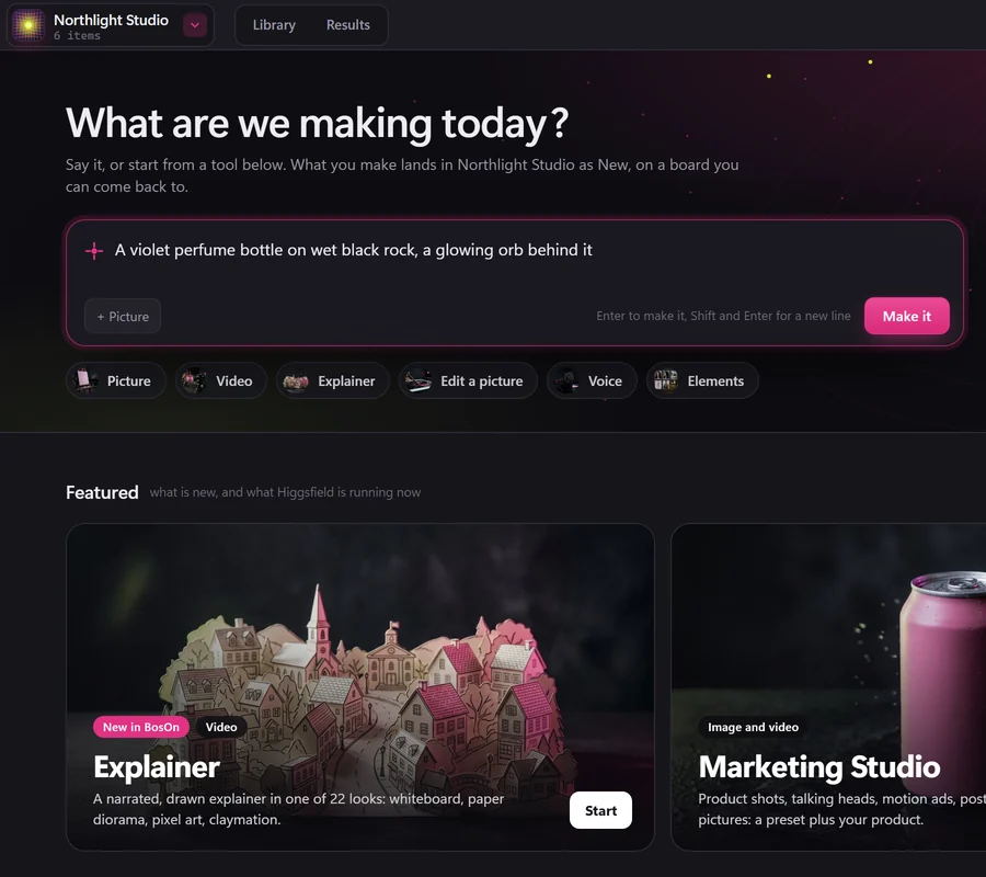 BosOn's Create: What are we making today?, a prompt about a violet perfume bottle, and the Explainer and Marketing Studio below