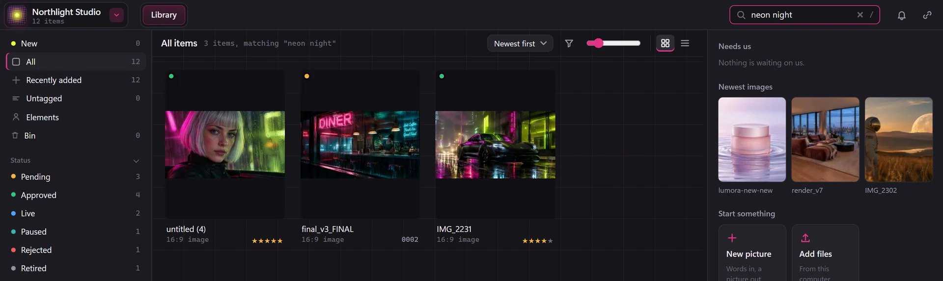 BosOn's library searched for neon night: 3 items, called untitled (4), final_v3_FINAL and IMG_2231, with the tags neon, night, car, diner, portrait and woman