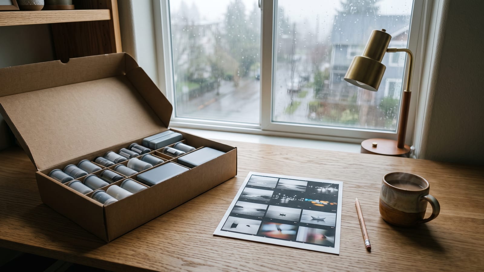 An open cardboard archive box of film canisters and small grey hard drives on a wooden desk, beside a printed contact sheet of film stills, a pencil and a mug, by a rainy window