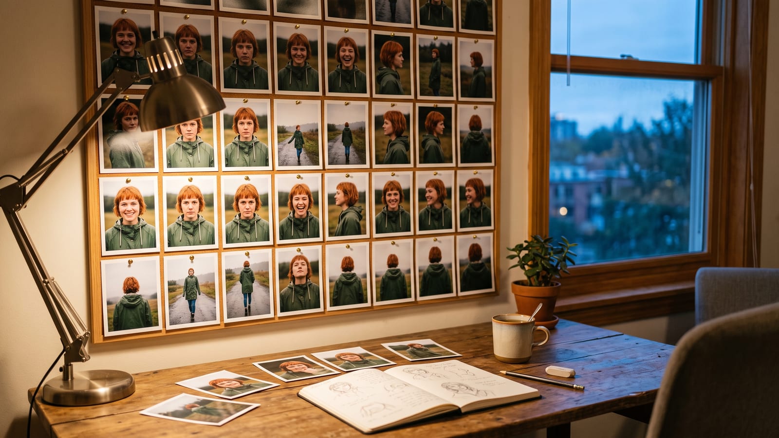 A corkboard above a wooden desk covered with prints of the same young woman with short copper hair and a green raincoat, seen from the front, in profile, from behind and full length