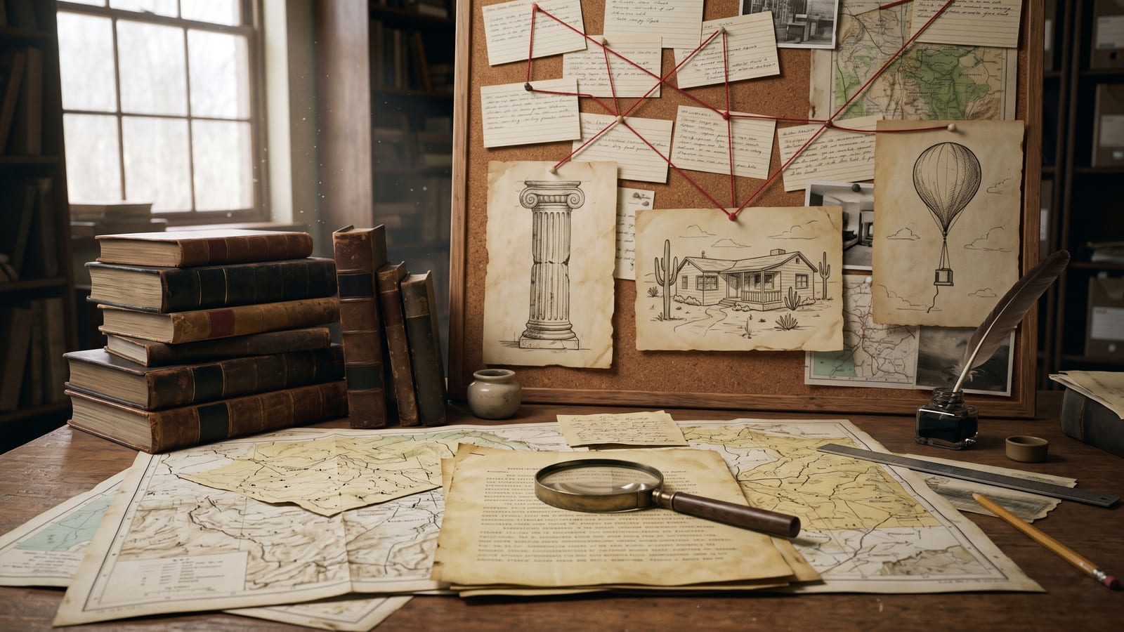 A historian's worktable in an archive: old maps, a magnifying glass over a yellowed document, leather-bound books, a quill and ink, and a cork board of index cards joined by red string with drawings of a Roman column, a desert ranch house and a weather balloon