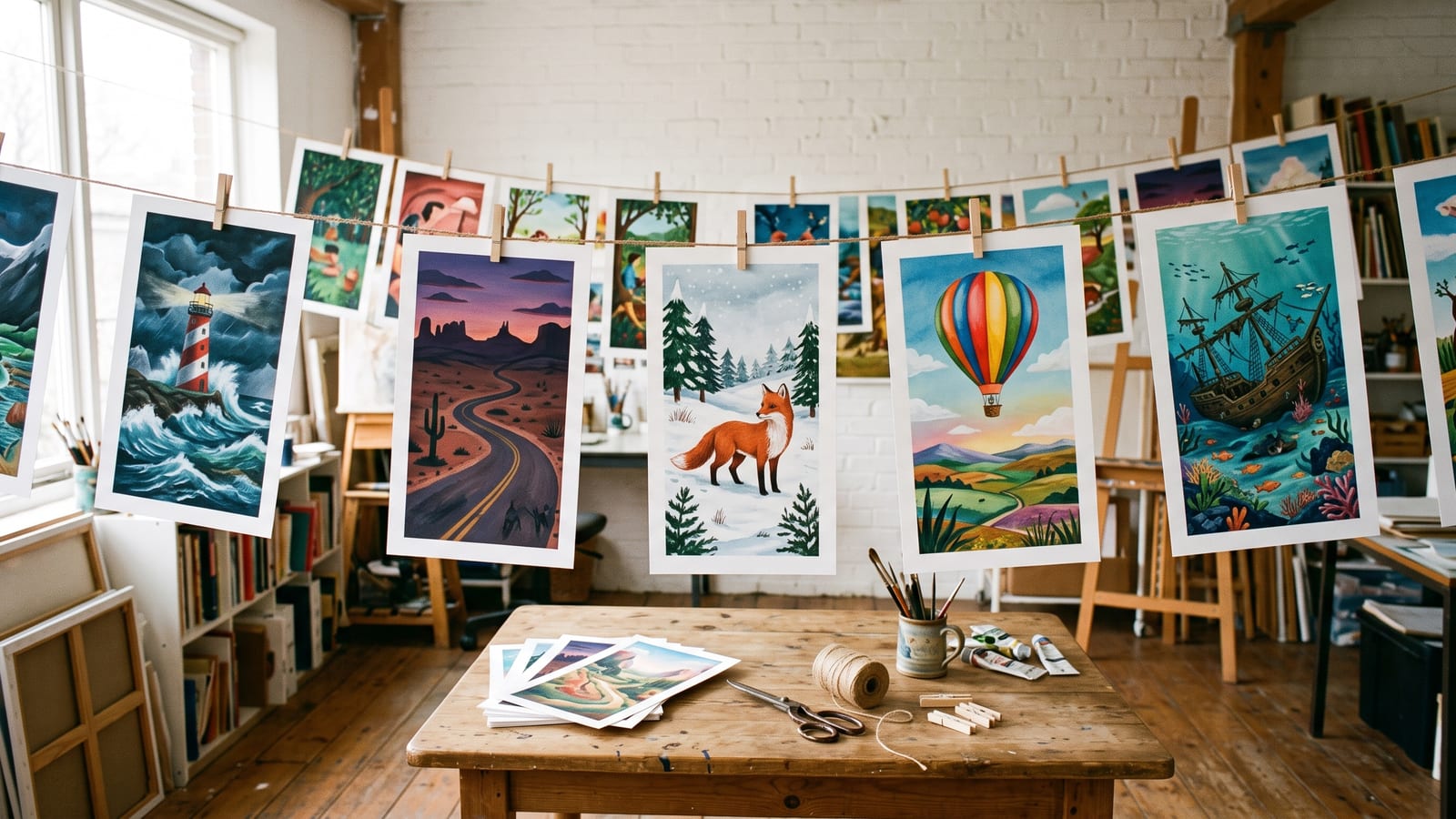 A row of tall illustrated prints pegged on a string across a bright studio, a lighthouse in a storm, a desert road, a fox in snow, a hot air balloon and a sunken ship, above a worktable