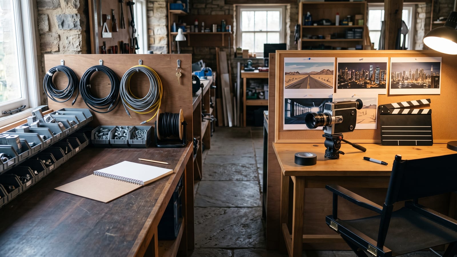 Two workbenches side by side in a workshop: on the left an engineer's bench with coiled cables, small parts trays and a single key on a hook, on the right a director's table with a small film camera, a clapperboard, storyboard prints of a desert road and cities at night, and a director's chair