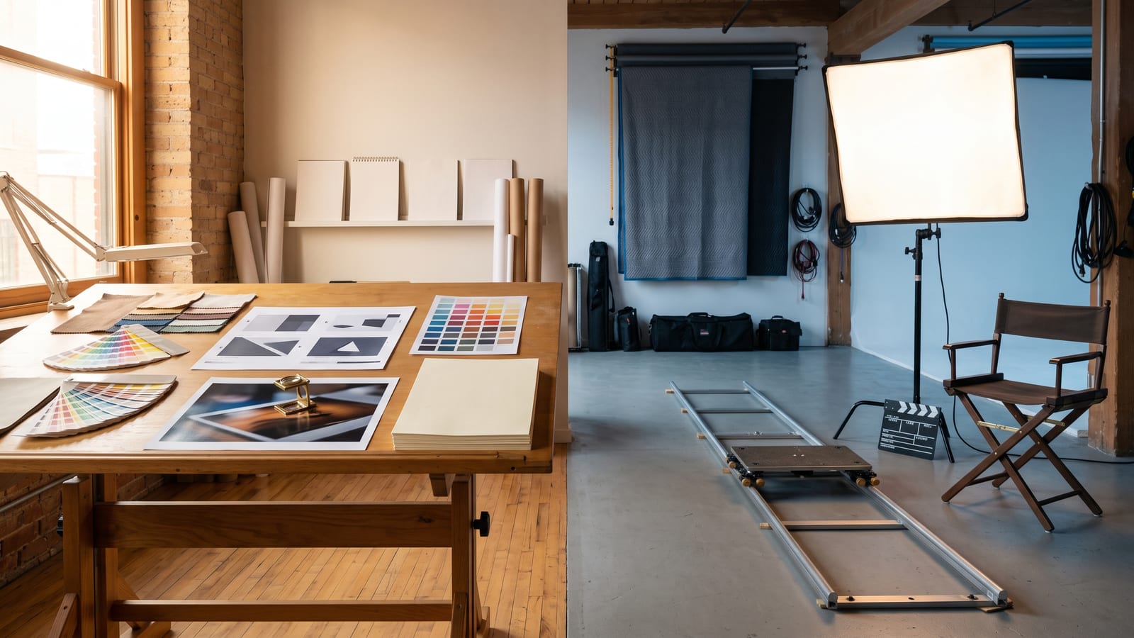 A studio divided by light into two workspaces: a drafting table with colour swatches and print proofs on one side, a small film set with a rail, a chair and a softbox on the other