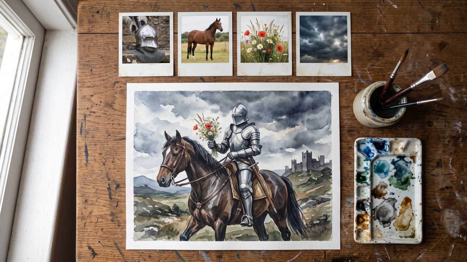 An illustrator's wooden desk seen from above: four small photographs of a knight's helmet, a horse, wildflowers and a stormy sky in a row, and below them a watercolour of a knight on horseback holding flowers under storm clouds, with brushes and a paint palette beside it