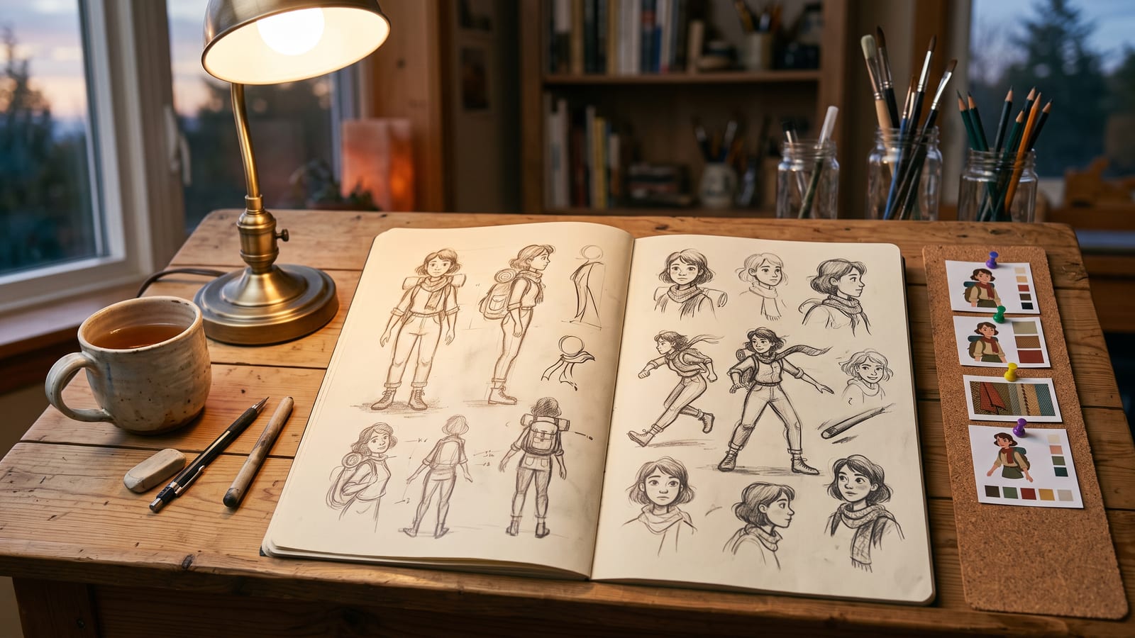 A wooden desk at dusk with an open sketchbook of pencil studies of one young character from several angles, colour test prints pinned on a cork strip, a lamp and a mug of tea