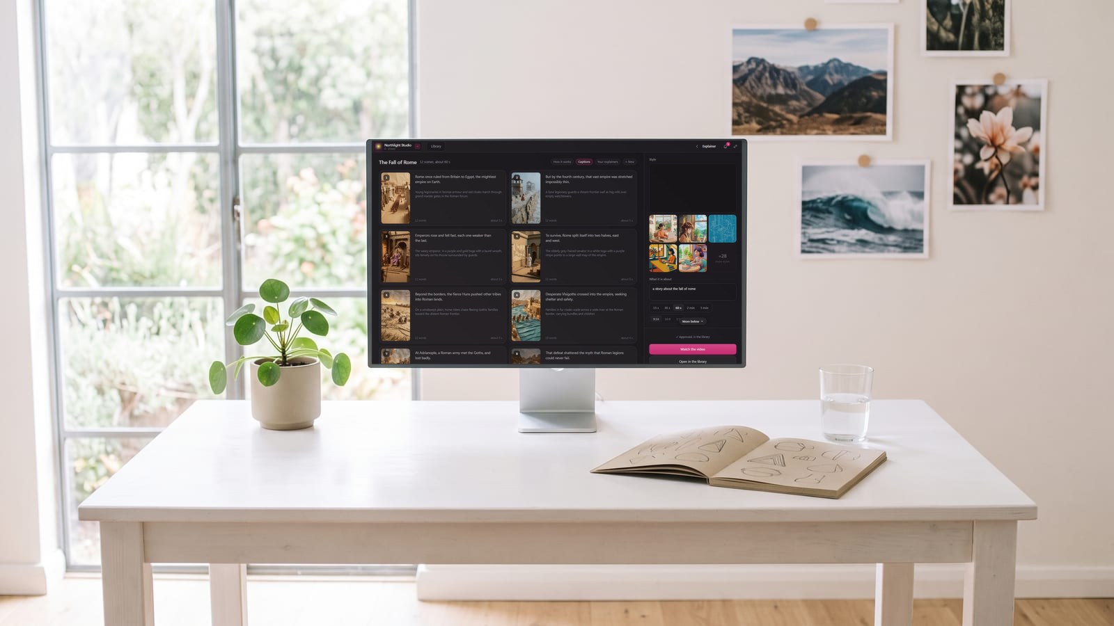 BosOn's Explainer Studio on a monitor in a bright studio, showing the storyboard of a 60-second history video, The Fall of Rome, with a picture, a line and a timing for each scene