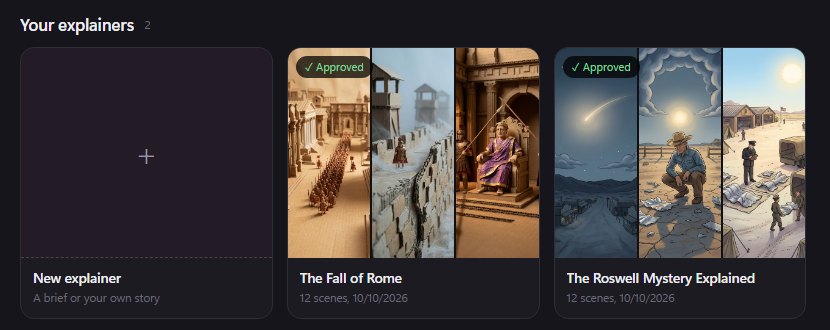 BosOn's Explainer Studio, Your explainers: a New explainer card beside two approved explainers, The Fall of Rome and The Roswell Mystery Explained, each with three of its scene pictures